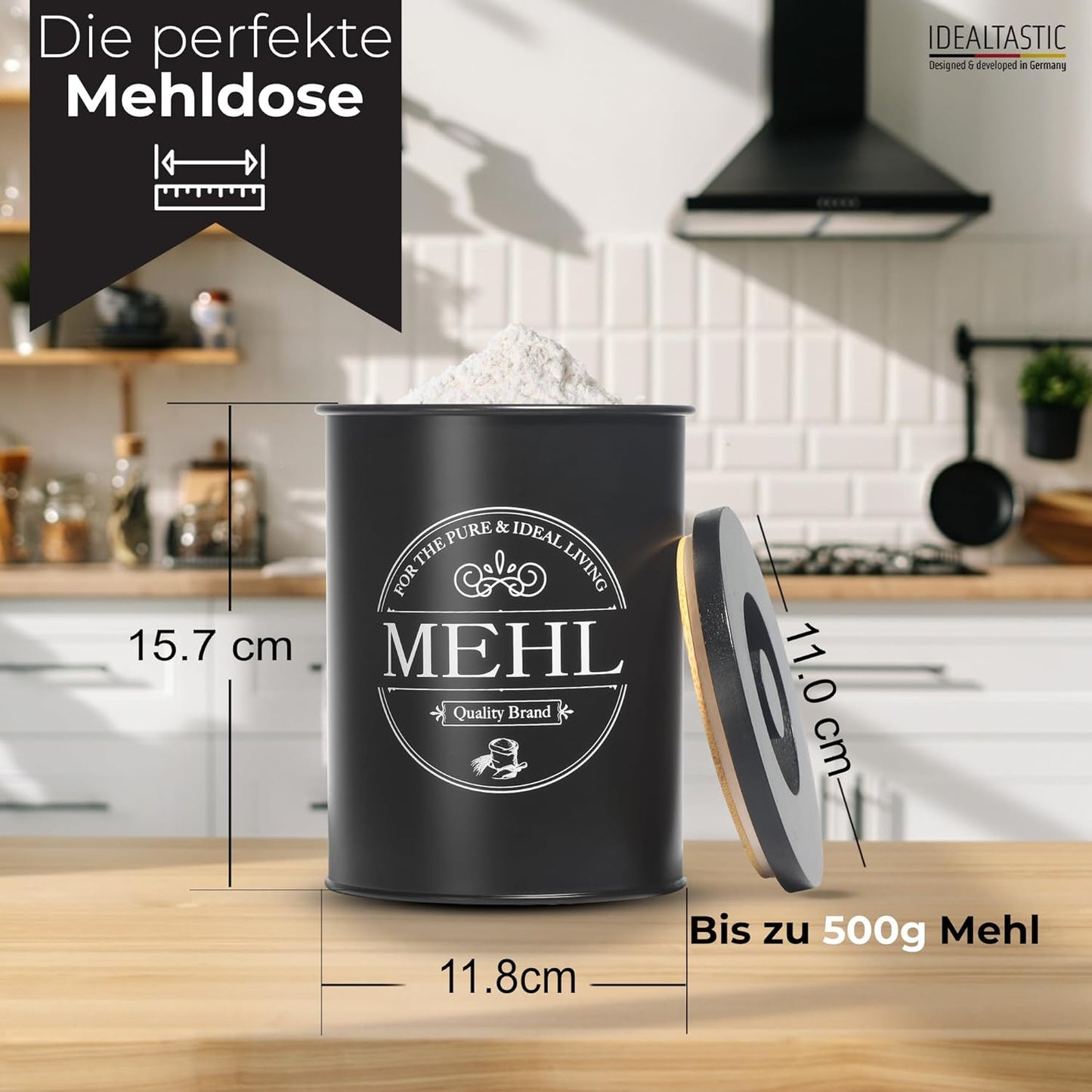 B-Stock - IDEALTASTIC® Premium Flour Storage Black, Airtight Flour Container 500g for the Kitchen I Robust Flour Container with Time-Saving Lid, Flour Box with Lid, Food-Approved Flour Storage Container
