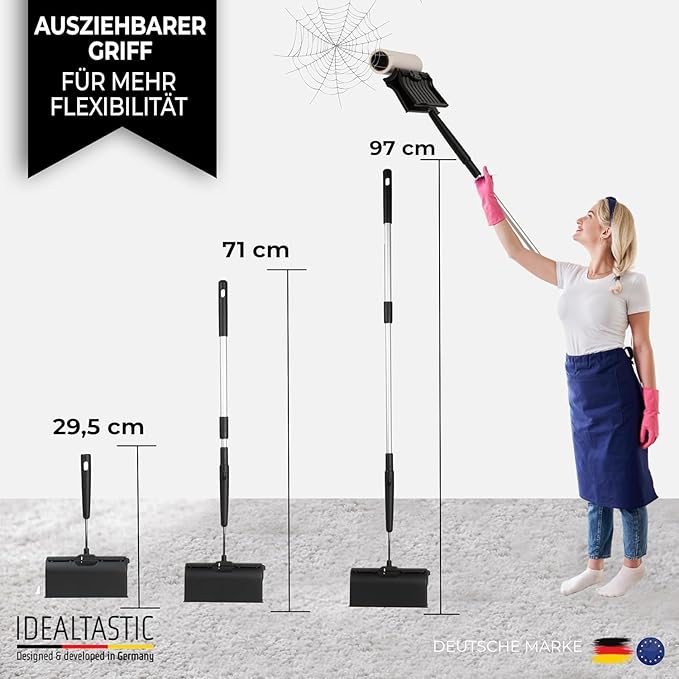IDEALTASTIC® Fusselrolle für Teppichreinigung, Vorhang, Bett, Auto und Tierhaare, Ausziehbar & extra klebrig mit 4x90 Blatt für Fussel-& Haarentfernung I XXL Fusselentferner gründliche Reinigung