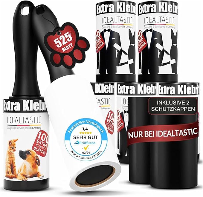 IDEALTASTIC® Fusselrolle Tierhaare & Kleidung im Vorteilspack mit 2xGriff & 5x105 Blatt I Fusselentferner Kleidung extra klebrig I Tierhaarentferner einfach zu wechseln I Fusselbürste + Staubschutz
