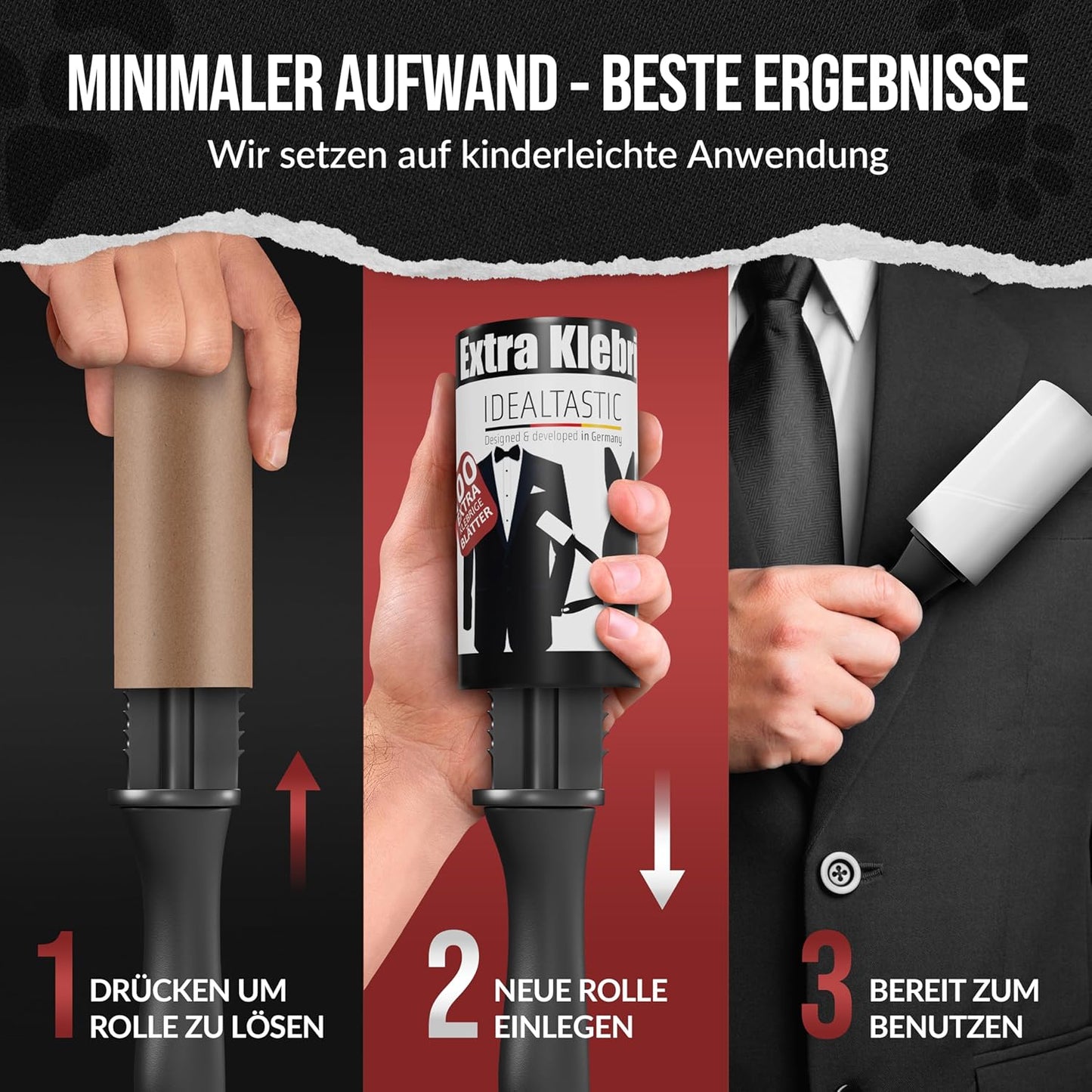 IDEALTASTIC® Fusselrolle Tierhaare & Kleidung im Nachfüllpack mit 525 Blatt, 5x105 Blatt I Fusselentferner Kleidung extra klebrig I Tierhaarentferner einfach zu wechseln I Fusselbürste, Fusselroller