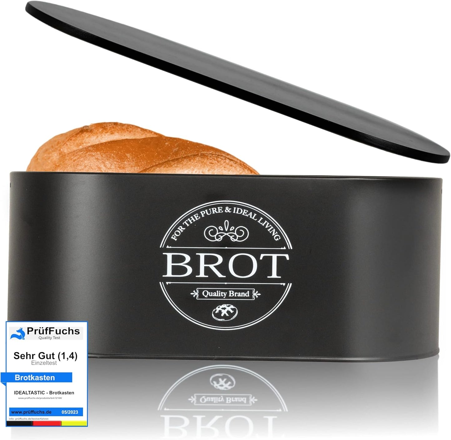 IDEALTASTIC® Premium 2-in-1 Brotkasten schwarz mit effizientem Schneidebrett-Deckel I Länger frischhaltende Brotbox mit speziell entwickelter Luftzirkulation I Lebensmittelechte Brotaufbewahrung