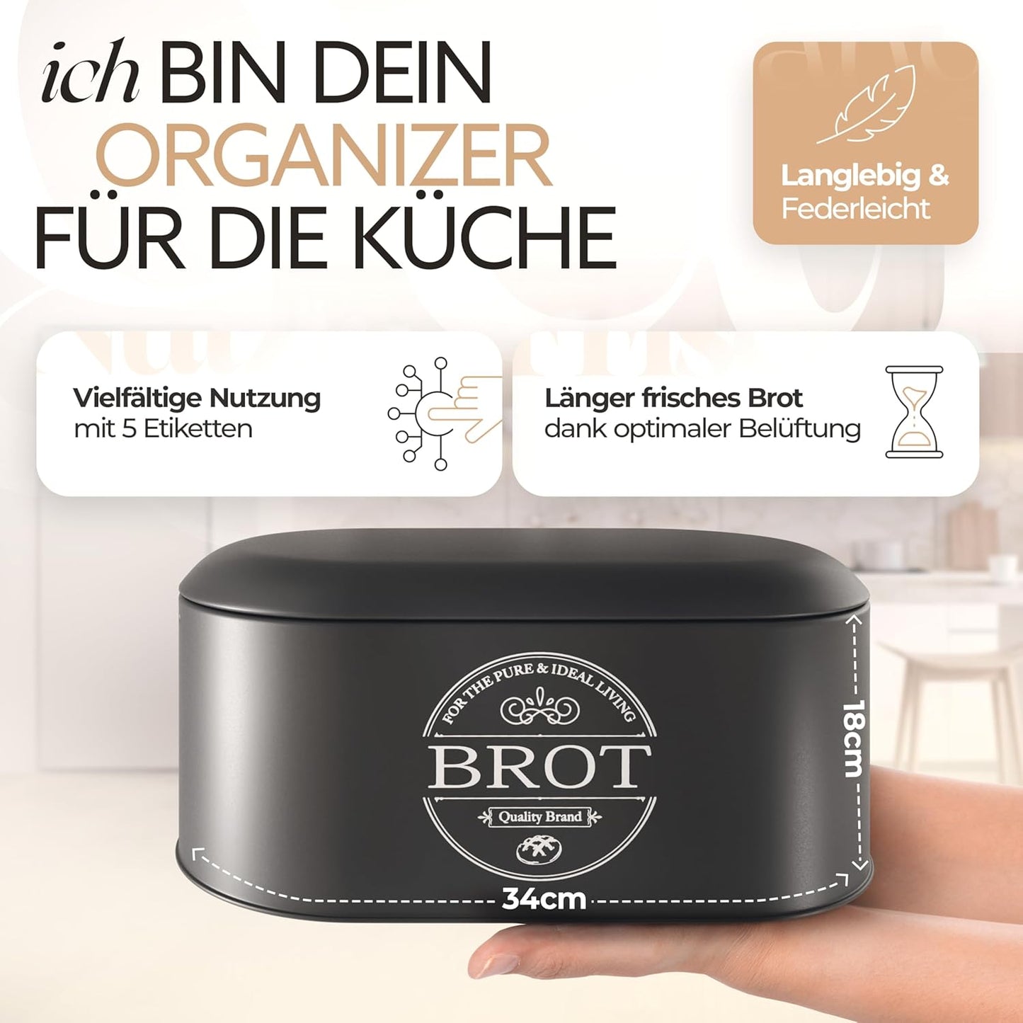 IDEALTASTIC® Premium 2-in-1 bread bin black for long-lasting freshness, with specially developed air circulation | Fresh-keeping bread box with flexible content stickers | Food-safe bread storage