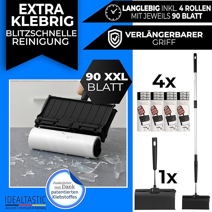 IDEALTASTIC® Fusselrolle für Teppichreinigung, Vorhang, Bett, Auto und Tierhaare, Ausziehbar & extra klebrig mit 4x90 Blatt für Fussel-& Haarentfernung I XXL Fusselentferner gründliche Reinigung