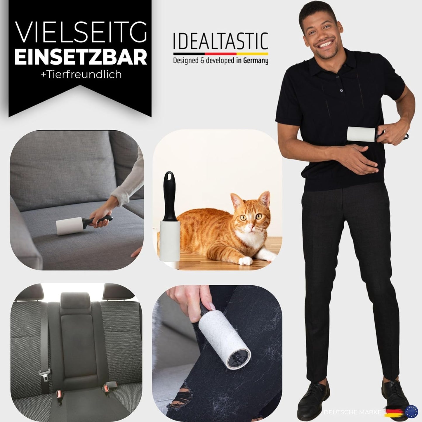 IDEALTASTIC® Fusselrolle Tierhaare & Kleidung im Vorteilspack mit 2xGriff & 5x105 Blatt I Fusselentferner Kleidung extra klebrig I Tierhaarentferner einfach zu wechseln I Fusselbürste + Staubschutz