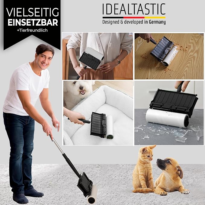 IDEALTASTIC® Fusselrolle für Teppichreinigung, Vorhang, Bett, Auto und Tierhaare, Ausziehbar & extra klebrig mit 4x90 Blatt für Fussel-& Haarentfernung I XXL Fusselentferner gründliche Reinigung