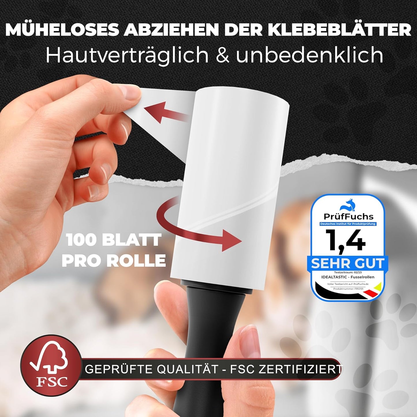 IDEALTASTIC® Fusselrolle Tierhaare & Kleidung im Nachfüllpack mit 525 Blatt, 5x105 Blatt I Fusselentferner Kleidung extra klebrig I Tierhaarentferner einfach zu wechseln I Fusselbürste, Fusselroller