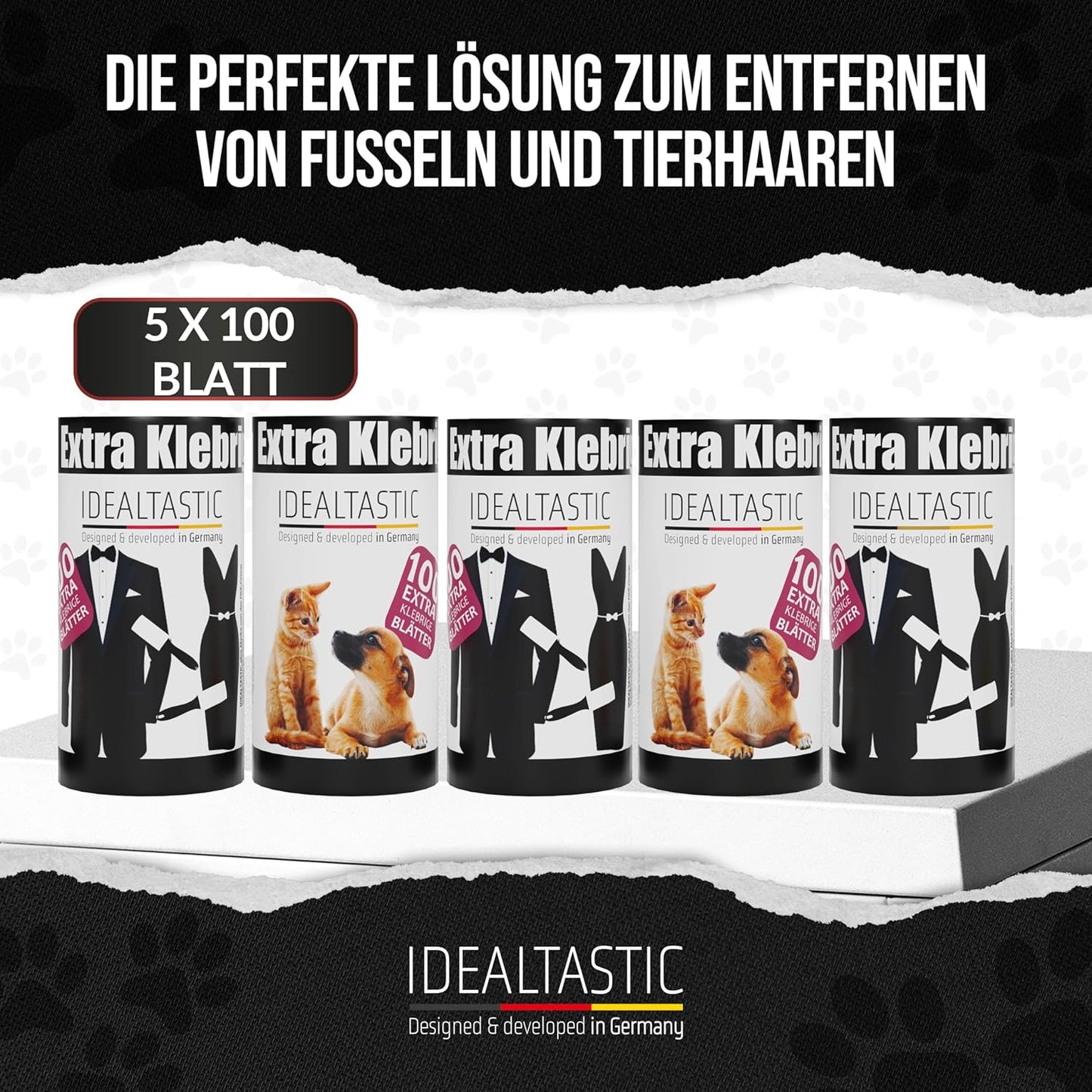 IDEALTASTIC® Fusselrolle Tierhaare & Kleidung im Nachfüllpack mit 525 Blatt, 5x105 Blatt I Fusselentferner Kleidung extra klebrig I Tierhaarentferner einfach zu wechseln I Fusselbürste, Fusselroller