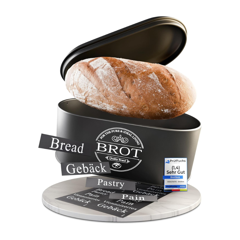 brot in brotbox aufbewahren IDEALTASTIC® Premium 2in1 Brotkasten schwarz für lange Frische, mit sp