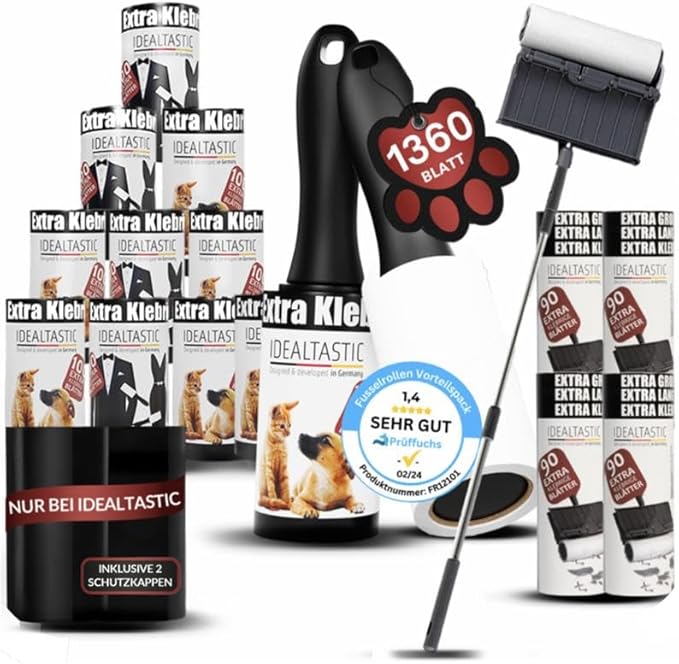 IDEALTASTIC® Fusselrollen Super Spar-Set – 2X Handgriff + 15 Rollen (1575 Blatt) + Teleskoprolle + 2 Schutzkappen – Extra klebrig für Tierhaare & Kleidung – Fusselentferner & Tierhaarentferner