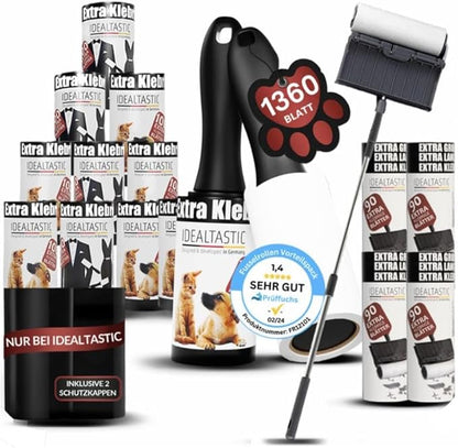 IDEALTASTIC® Fusselrollen Super Spar-Set – 2X Handgriff + 15 Rollen (1575 Blatt) + Teleskoprolle + 2 Schutzkappen – Extra klebrig für Tierhaare & Kleidung – Fusselentferner & Tierhaarentferner