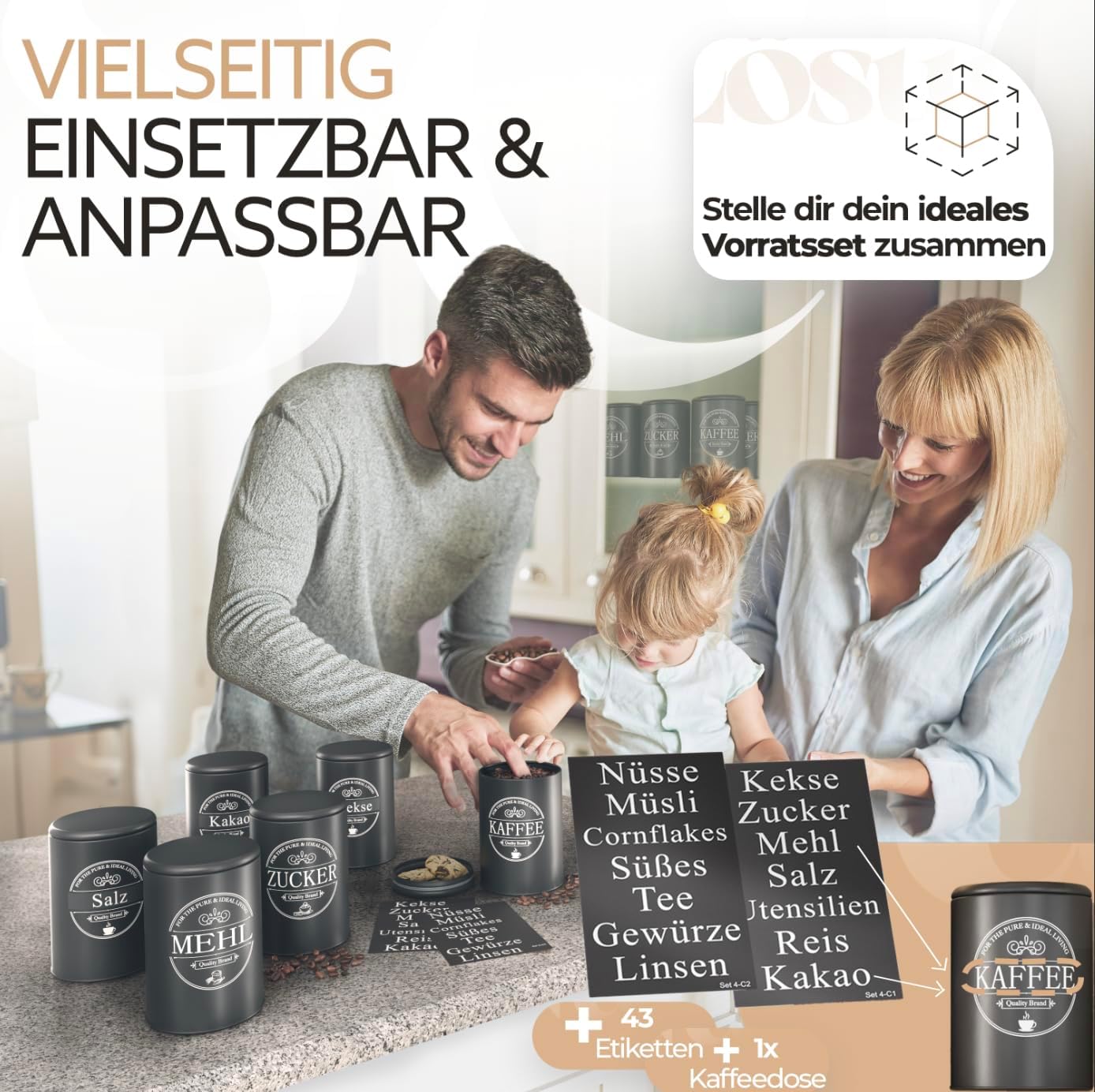 IDEALTASTIC® Premium airtight coffee canister [500g] for lasting coffee aroma | Robust storage container for ground coffee &amp; beans with flexible content stickers | Sugar, cereal storage &amp; more 