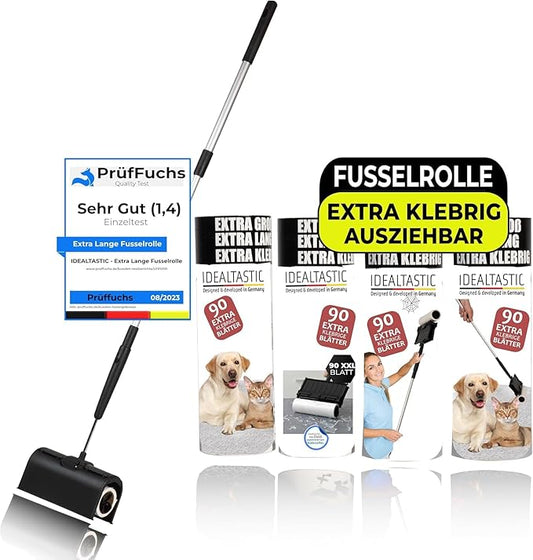 IDEALTASTIC® Fusselrolle für Teppichreinigung, Vorhang, Bett, Auto und Tierhaare, Ausziehbar & extra klebrig mit 4x90 Blatt für Fussel-& Haarentfernung I XXL Fusselentferner gründliche Reinigung