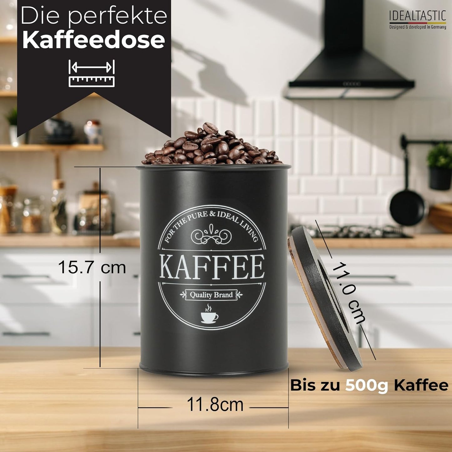 B-Stock - IDEALTASTIC® Premium airtight coffee can [500g] for lasting coffee aroma | Robust coffee can for ground coffee &amp; beans with time-saving bamboo lid | Food-tested coffee cans 
