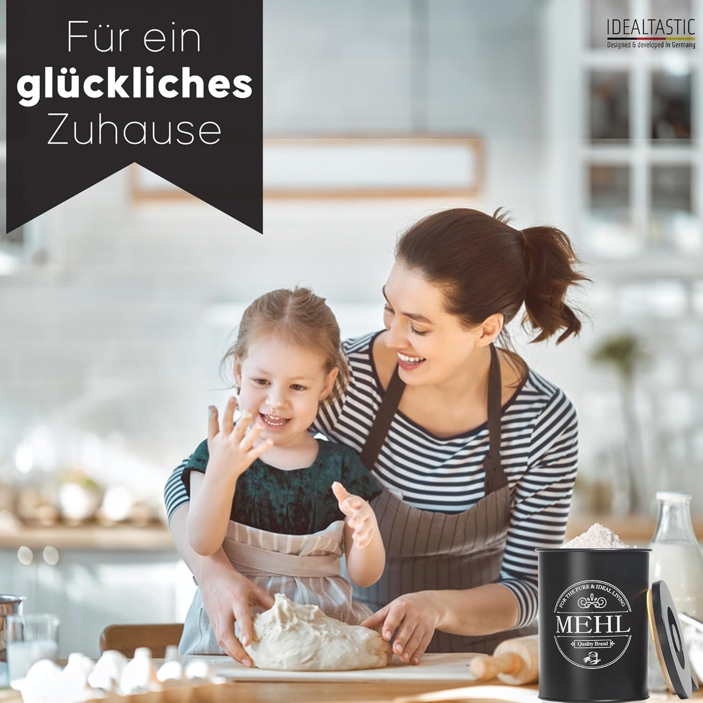 B-Stock - IDEALTASTIC® Premium Flour Storage Black, Airtight Flour Container 500g for the Kitchen I Robust Flour Container with Time-Saving Lid, Flour Box with Lid, Food-Approved Flour Storage Container 