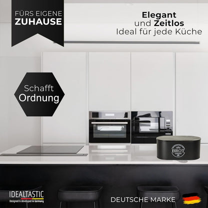 IDEALTASTIC® Premium 2-in-1 Brotkasten schwarz mit effizientem Schneidebrett-Deckel I Länger frischhaltende Brotbox mit speziell entwickelter Luftzirkulation I Lebensmittelechte Brotaufbewahrung