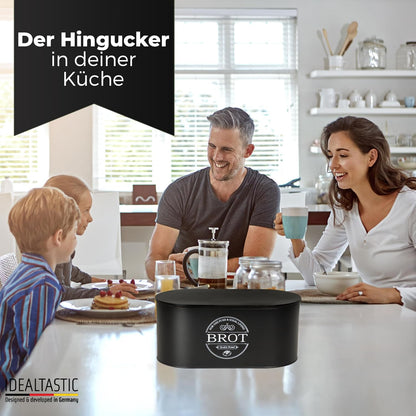 IDEALTASTIC® Premium 2-in-1 Brotkasten schwarz mit effizientem Schneidebrett-Deckel I Länger frischhaltende Brotbox mit speziell entwickelter Luftzirkulation I Lebensmittelechte Brotaufbewahrung