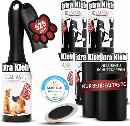 IDEALTASTIC® Fusselrolle Tierhaare & Kleidung im Vorteilspack mit 2xGriff & 5x105 Blatt I Fusselentferner Kleidung extra klebrig I Tierhaarentferner einfach zu wechseln I Fusselbürste + Staubschutz