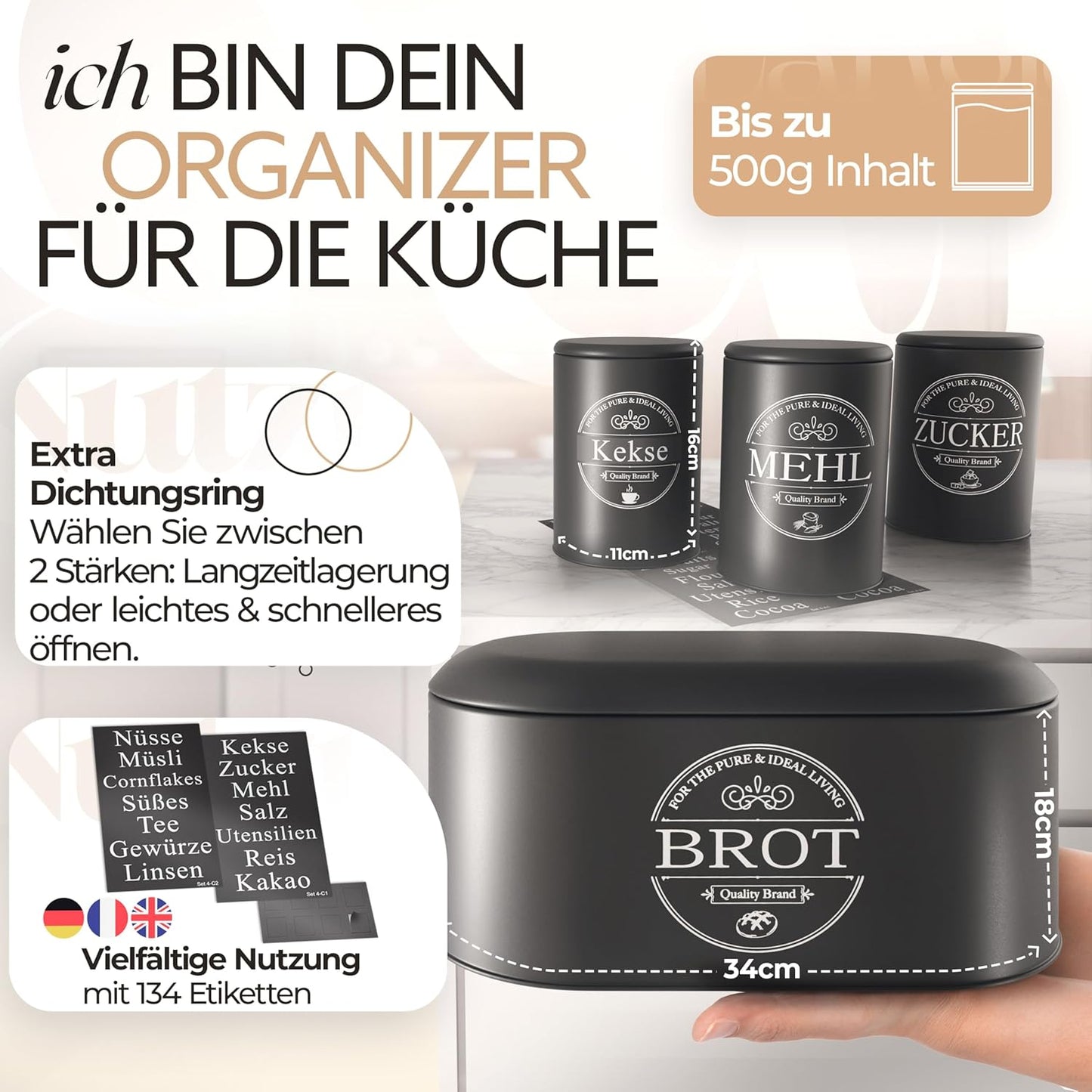 IDEALTASTIC® Premium Bread Bin Set of 4, Sugar Bowl, Flour Storage &amp; Coffee Canister Airtight, Black Bread Box | Storage Containers 500g each &amp; 1x Bread | Freshness &amp; Elegance in Your Kitchen 