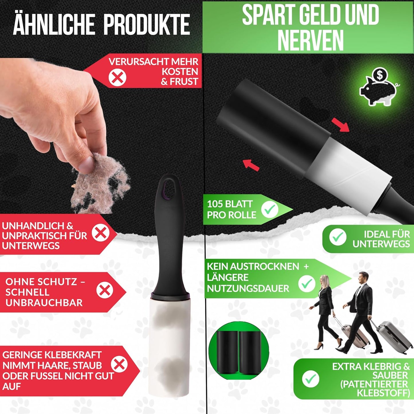 IDEALTASTIC® Fusselrolle Tierhaare & Kleidung im Vorteilspack mit 2xGriff & 5x105 Blatt I Fusselentferner Kleidung extra klebrig I Tierhaarentferner einfach zu wechseln I Fusselbürste + Staubschutz