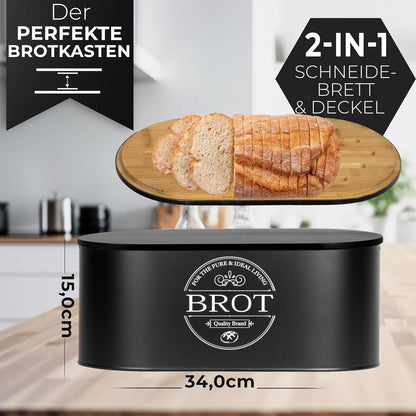 IDEALTASTIC® Premium 2-in-1 Brotkasten schwarz mit effizientem Schneidebrett-Deckel I Länger frischhaltende Brotbox mit speziell entwickelter Luftzirkulation I Lebensmittelechte Brotaufbewahrung
