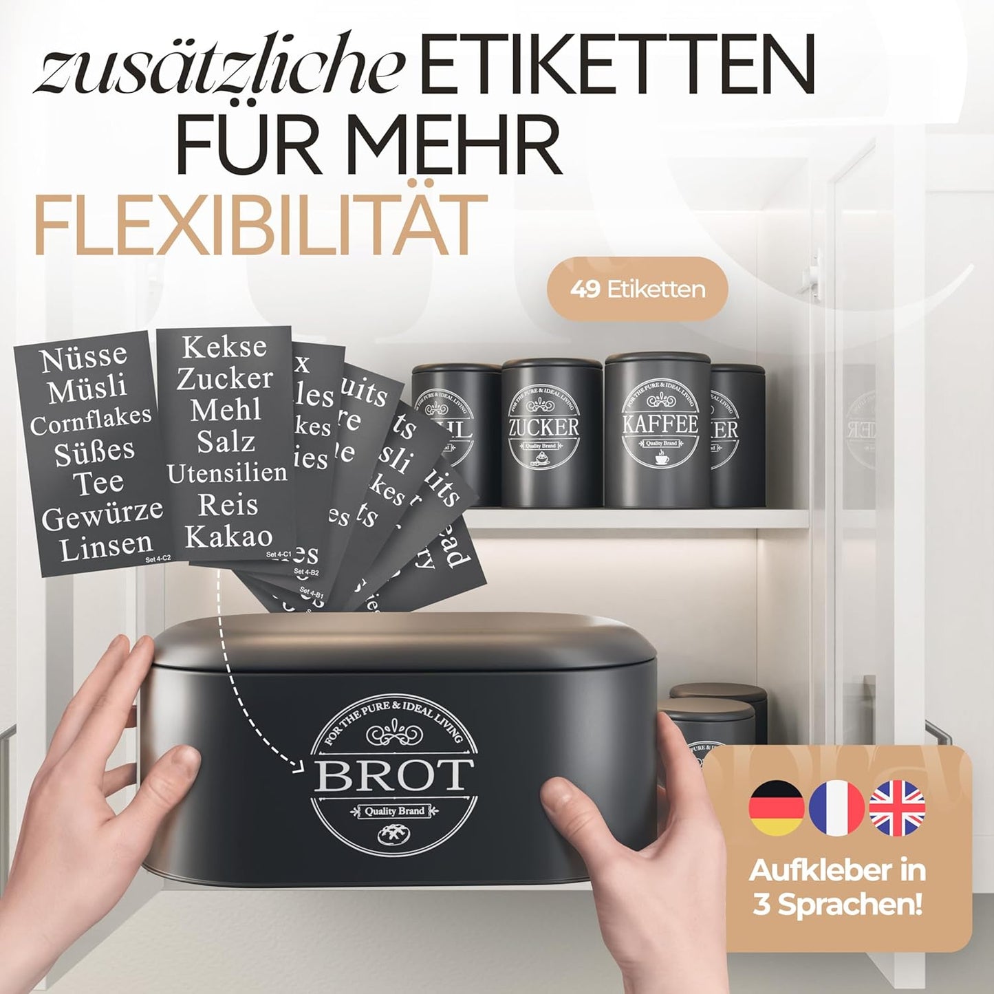 IDEALTASTIC® Premium Bread Bin Set of 4, Sugar Bowl, Flour Storage &amp; Coffee Canister Airtight, Black Bread Box | Storage Containers 500g each &amp; 1x Bread | Freshness &amp; Elegance in Your Kitchen 