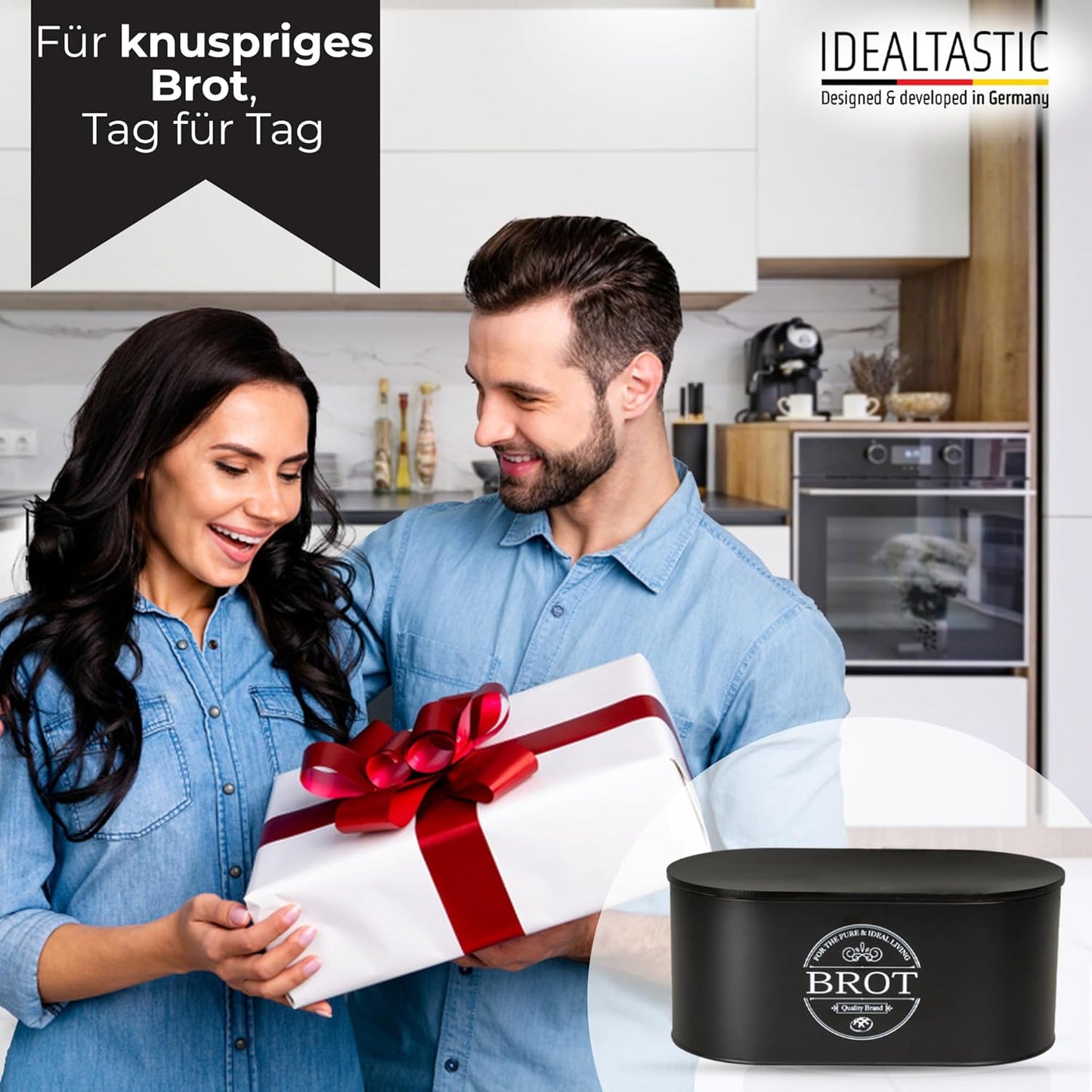 IDEALTASTIC® Premium 2-in-1 Brotkasten schwarz mit effizientem Schneidebrett-Deckel I Länger frischhaltende Brotbox mit speziell entwickelter Luftzirkulation I Lebensmittelechte Brotaufbewahrung