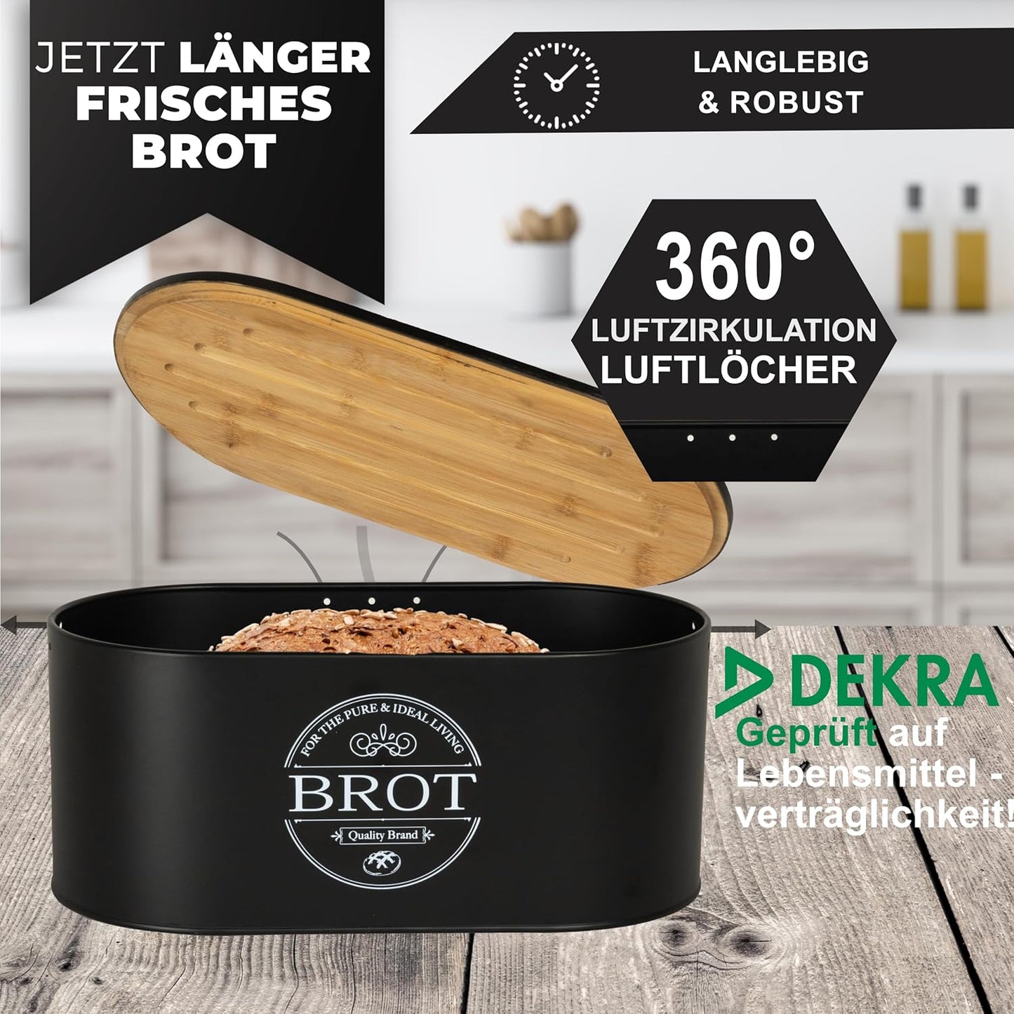 IDEALTASTIC® Premium 2-in-1 Brotkasten schwarz mit effizientem Schneidebrett-Deckel I Länger frischhaltende Brotbox mit speziell entwickelter Luftzirkulation I Lebensmittelechte Brotaufbewahrung