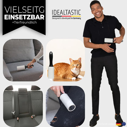 IDEALTASTIC® Fusselrolle Tierhaare & Kleidung im Vorteilspack mit 2xGriff & 5x105 Blatt I Fusselentferner Kleidung extra klebrig I Tierhaarentferner einfach zu wechseln I Fusselbürste + Staubschutz