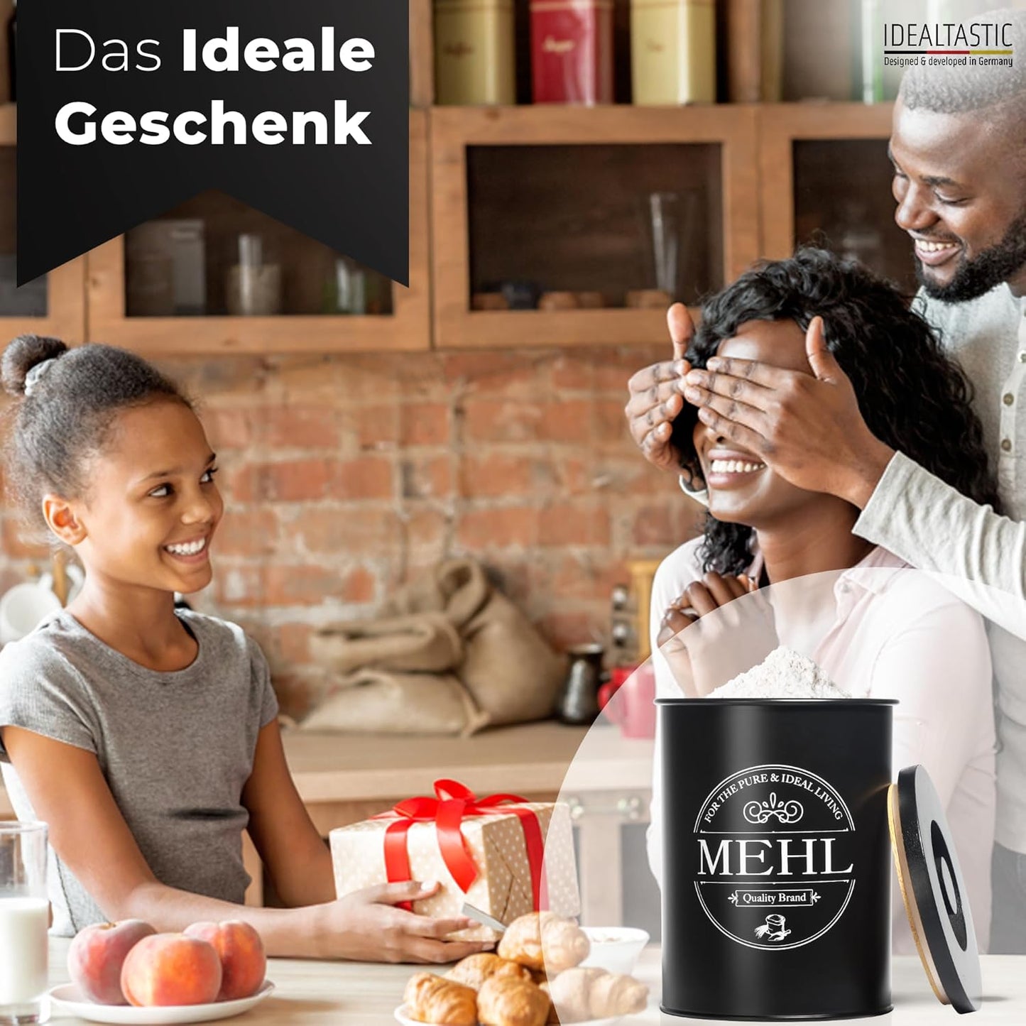 B-Stock - IDEALTASTIC® Premium Flour Storage Black, Airtight Flour Container 500g for the Kitchen I Robust Flour Container with Time-Saving Lid, Flour Box with Lid, Food-Approved Flour Storage Container 