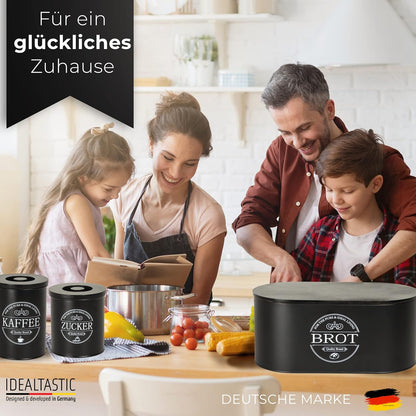 IDEALTASTIC® Premium 2-in-1 Brotkasten schwarz mit effizientem Schneidebrett-Deckel I Länger frischhaltende Brotbox mit speziell entwickelter Luftzirkulation I Lebensmittelechte Brotaufbewahrung