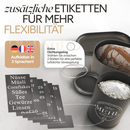 IDEALTASTIC® Premium Bread Bin Set of 4, Sugar Bowl, Flour Storage &amp; Coffee Canister Airtight, Black Bread Box | Storage Containers 500g each &amp; 1x Bread | Freshness &amp; Elegance in Your Kitchen 