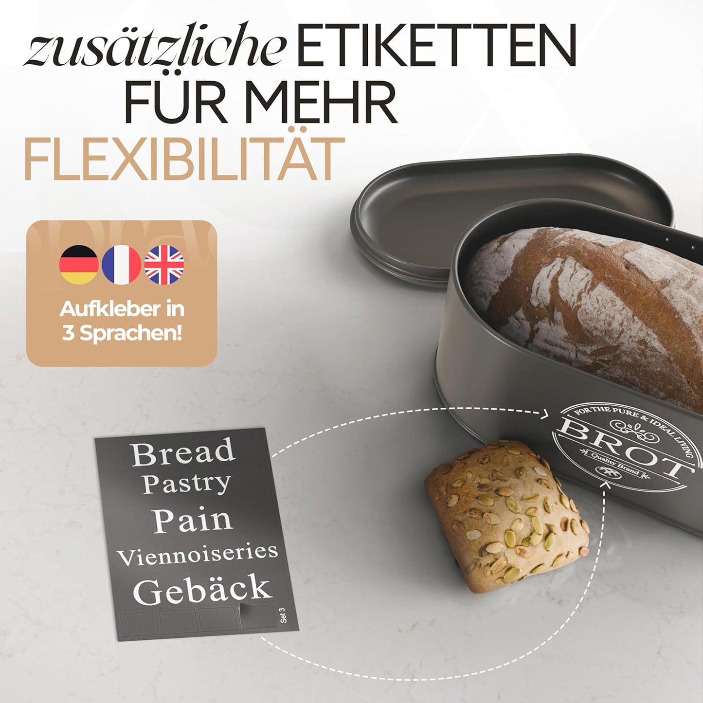 B-Stock - IDEALTASTIC® Premium 2-in-1 bread bin black for long-lasting freshness, with specially developed air circulation | Fresh-keeping bread box with flexible content stickers | Food-safe bread storage 