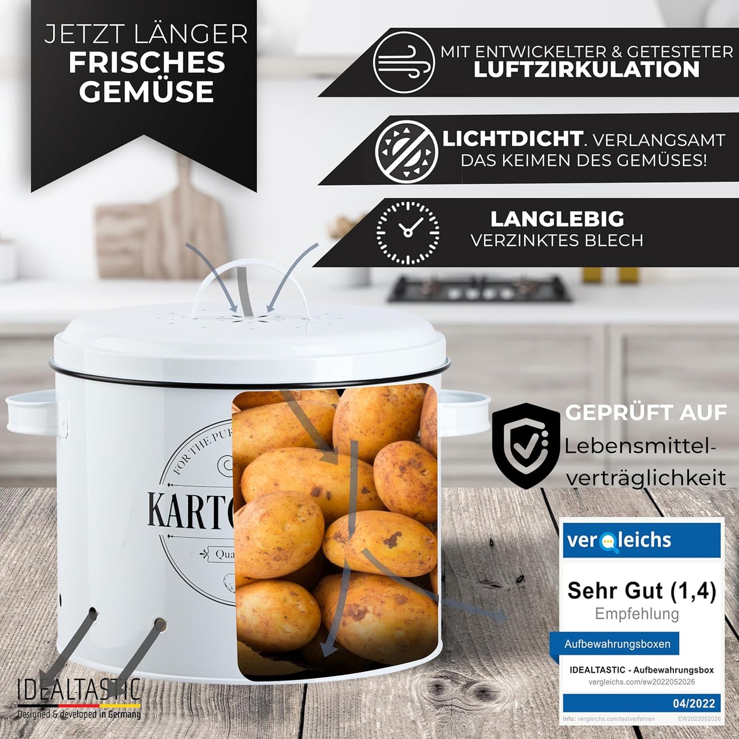 B-Stock - IDEALTASTIC® Premium Potato Storage Box [3 pieces] I Versatile potato pot set with 360° ventilation system for more freshness 