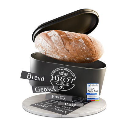 B-Stock - IDEALTASTIC® Premium 2-in-1 bread bin black for long-lasting freshness, with specially developed air circulation | Fresh-keeping bread box with flexible content stickers | Food-safe bread storage 