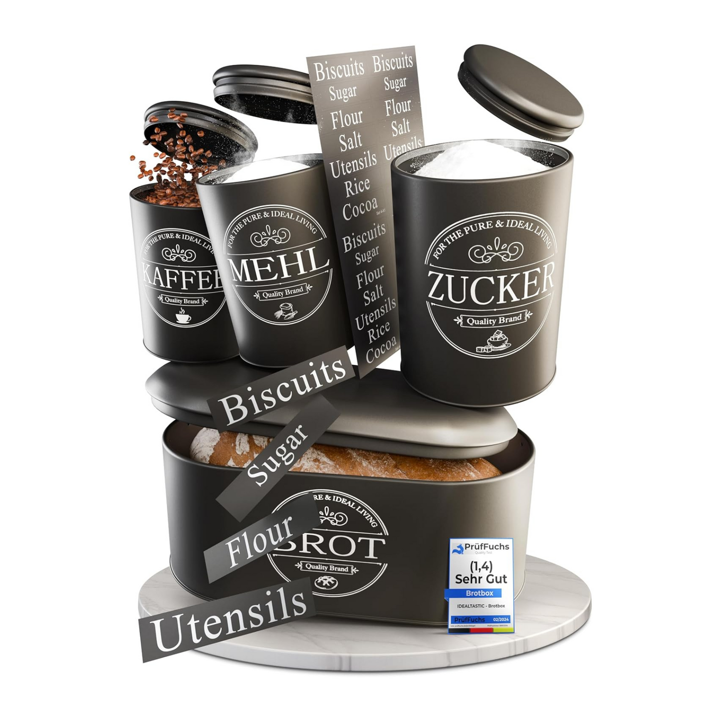 IDEALTASTIC® Premium Bread Bin Set of 4, Sugar Bowl, Flour Storage &amp; Coffee Canister Airtight, Black Bread Box | Storage Containers 500g each &amp; 1x Bread | Freshness &amp; Elegance in Your Kitchen 