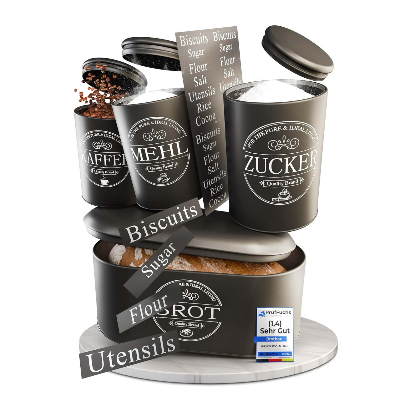IDEALTASTIC® Premium Brotkasten 4er Set, Zuckerdose, Mehl Aufbewahrung