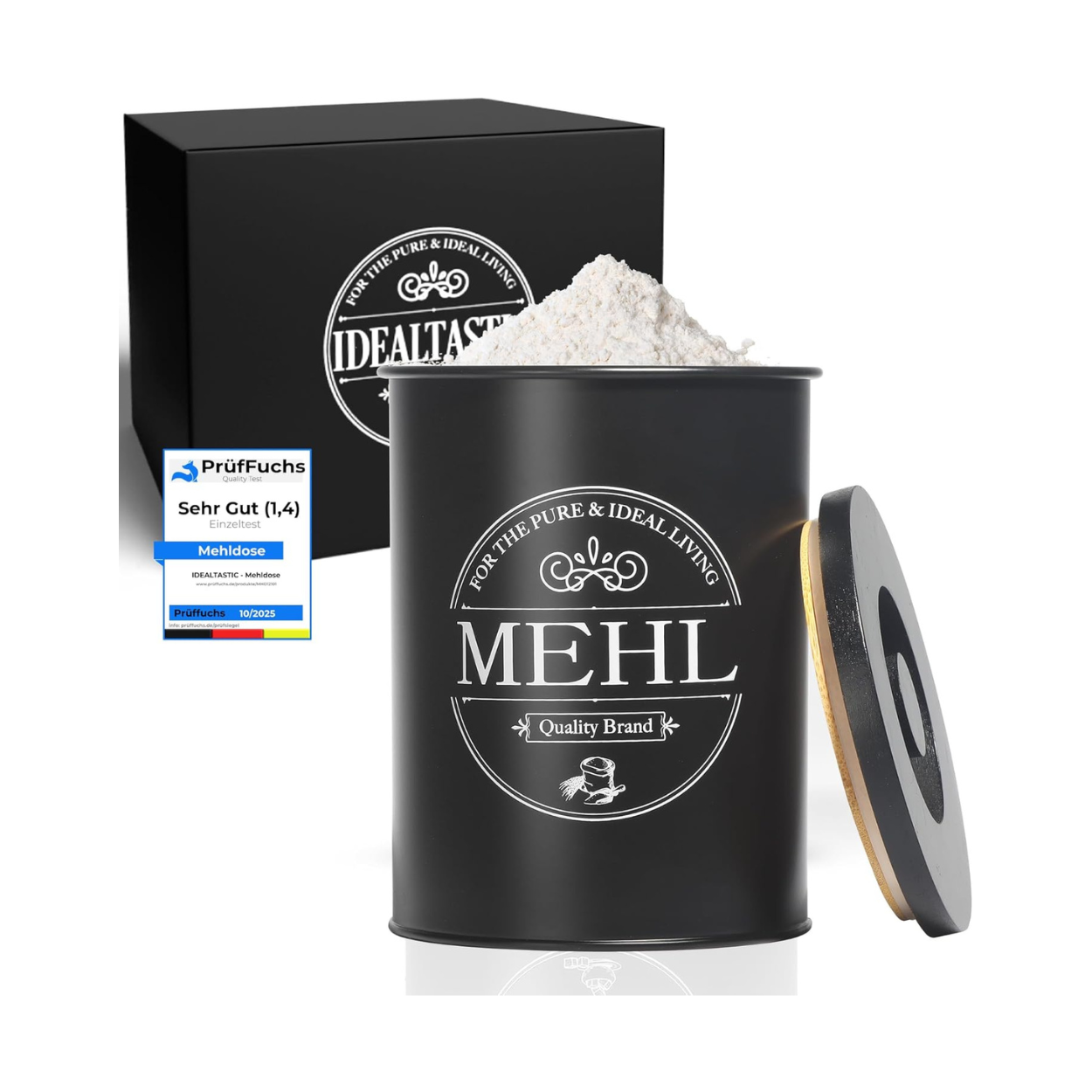 B-Stock - IDEALTASTIC® Premium Flour Storage Black, Airtight Flour Container 500g for the Kitchen I Robust Flour Container with Time-Saving Lid, Flour Box with Lid, Food-Approved Flour Storage Container 